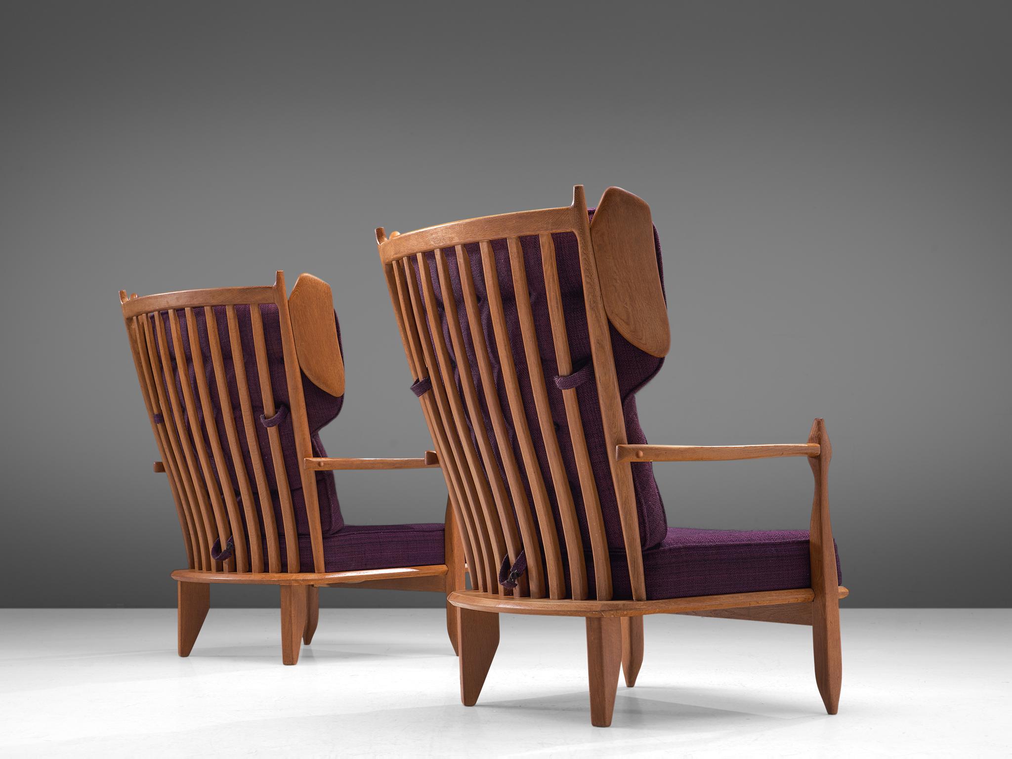 Mid-Century Modern Pair of Wingback Chairs in Solid Oak by Guillerme et Chambron