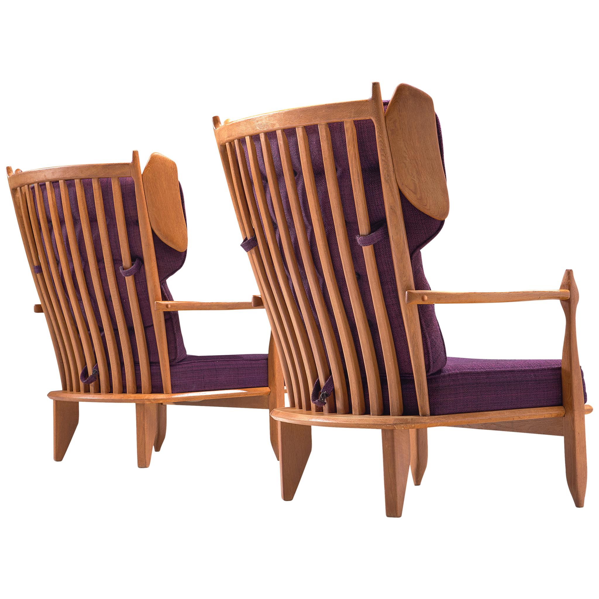 Pair of Wingback Chairs in Solid Oak by Guillerme et Chambron