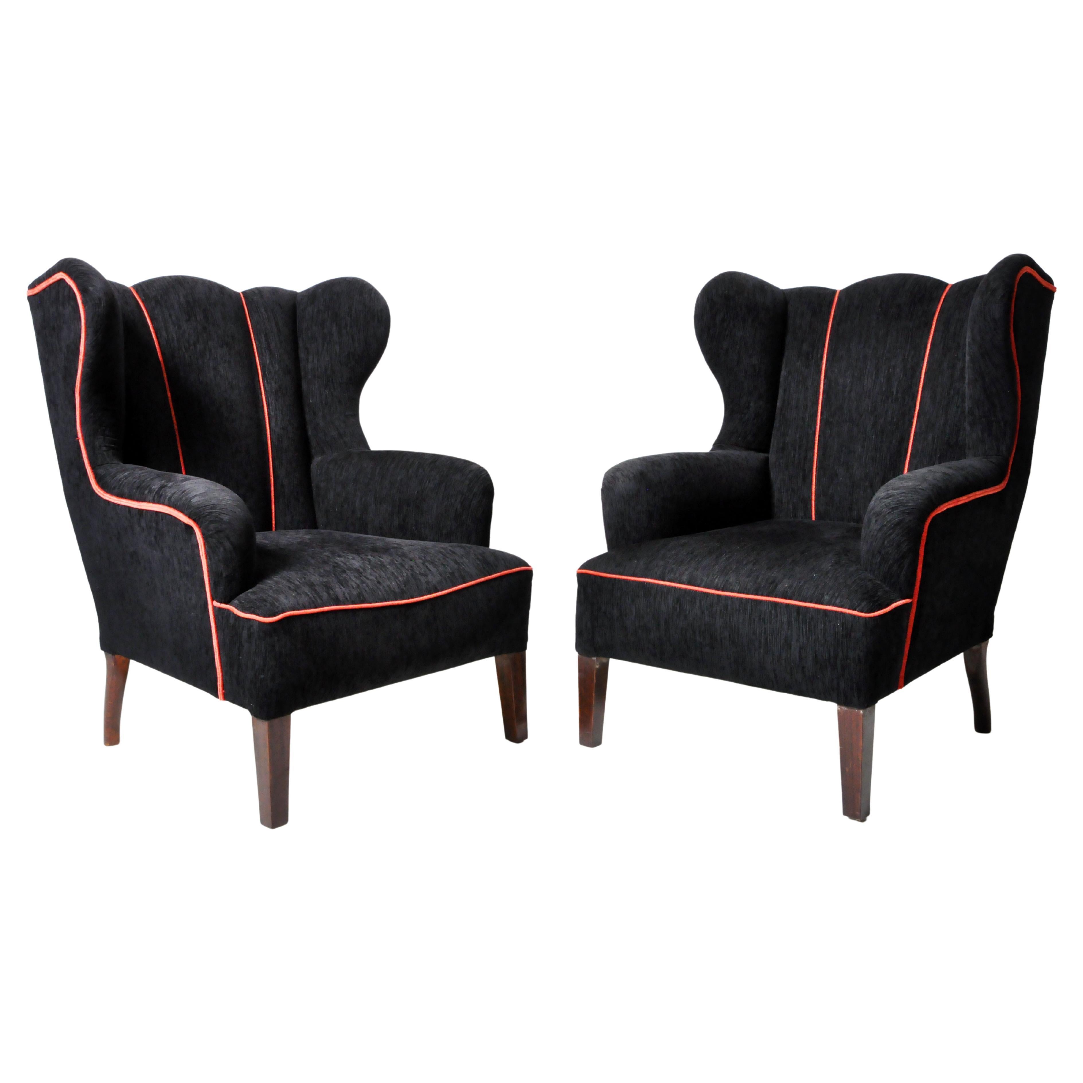 Pair of Wingback Chairs with Grey Upholstery