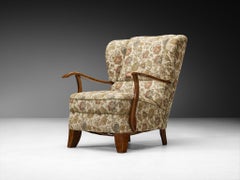 Pair of Wingback Lounge Chairs in Wood and Floral Upholstery, 1940s