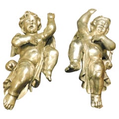 Pair of Winged Cherubs, Hand-Sculpted and Silvered, Late 19th Century, Italy