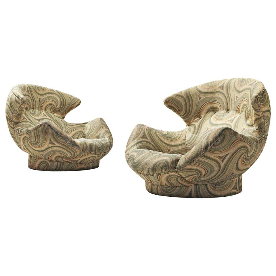 Pair of Winged Easy Chairs in Patterned Upholstery For Sale at 1stDibs