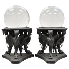 Antique Pair of Winged Griffin Dragon Spelter Metal Base Large Crystal Ball Stands