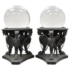 Pair of Winged Griffin Dragon Spelter Metal Base Large Crystal Ball Stands