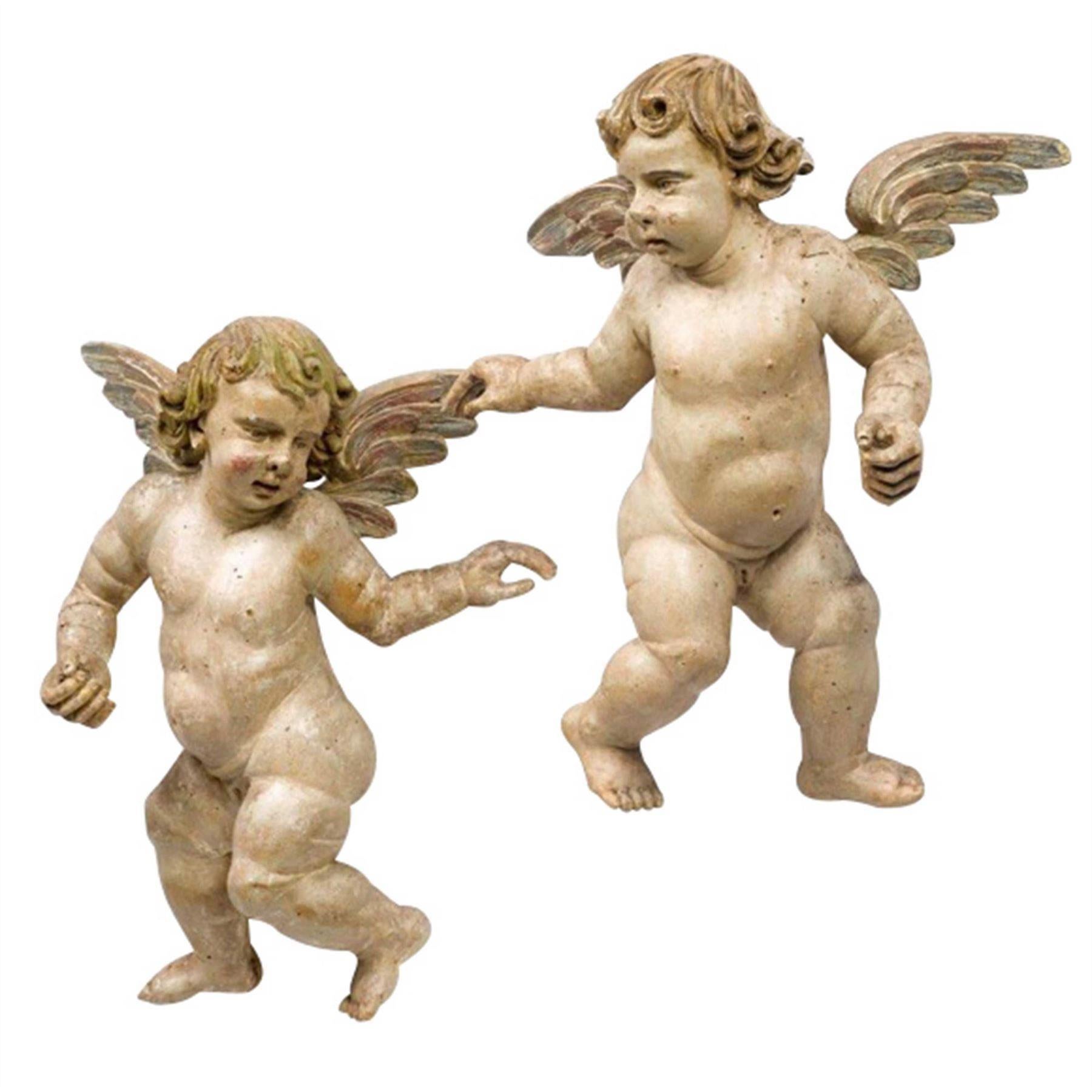 Hand-Painted Pair of Winged Putti