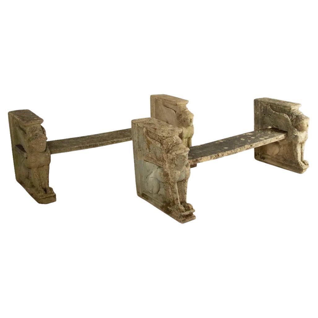 Pair of Winged Sphinx Stone Benches