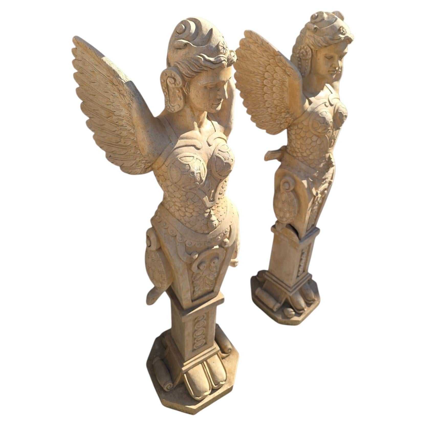 Pair of Winged Warrior Garden Statues For Sale