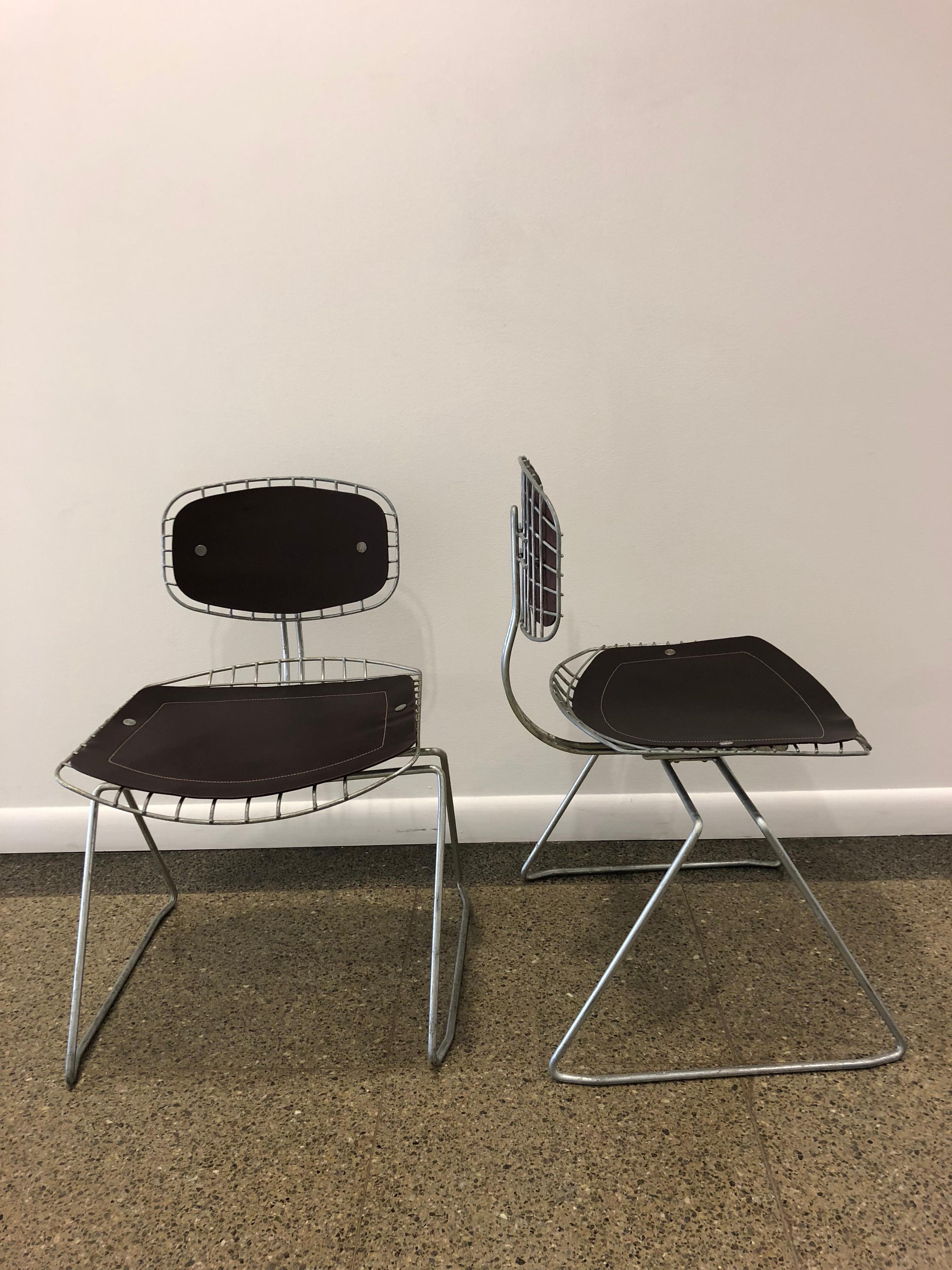 Steel Pair of Wire and Leather Beauborg Stacking Chairs for the Pompidou Center For Sale