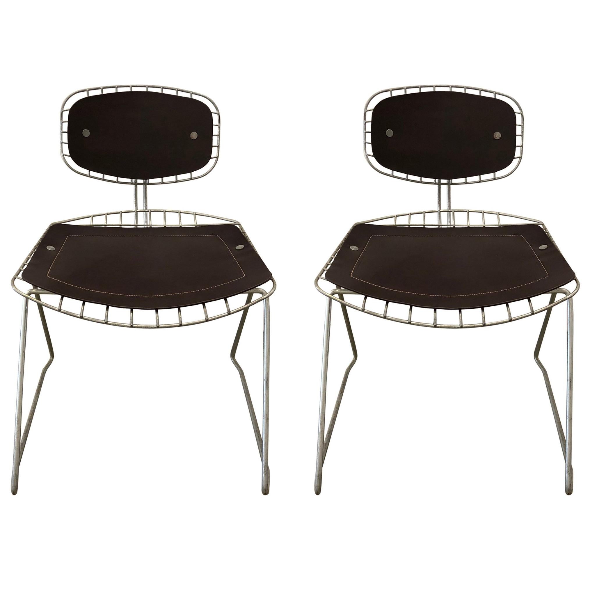 Pair of Wire and Leather Beauborg Stacking Chairs for the Pompidou Center For Sale