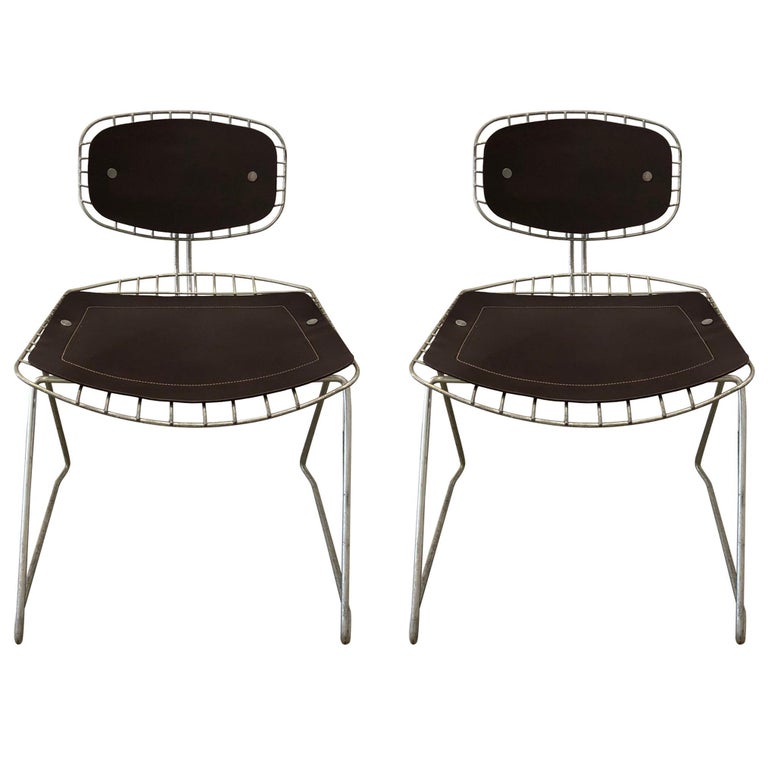 Pair of Wire and Leather Stacking Chairs for the Pompidou