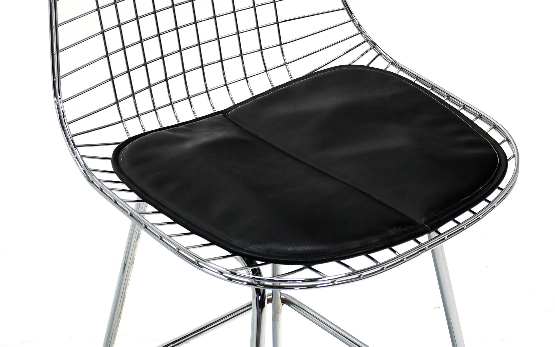 American Pair of Wire Barstools by Charles and Ray Eames, Chrome with Black Leather Pads