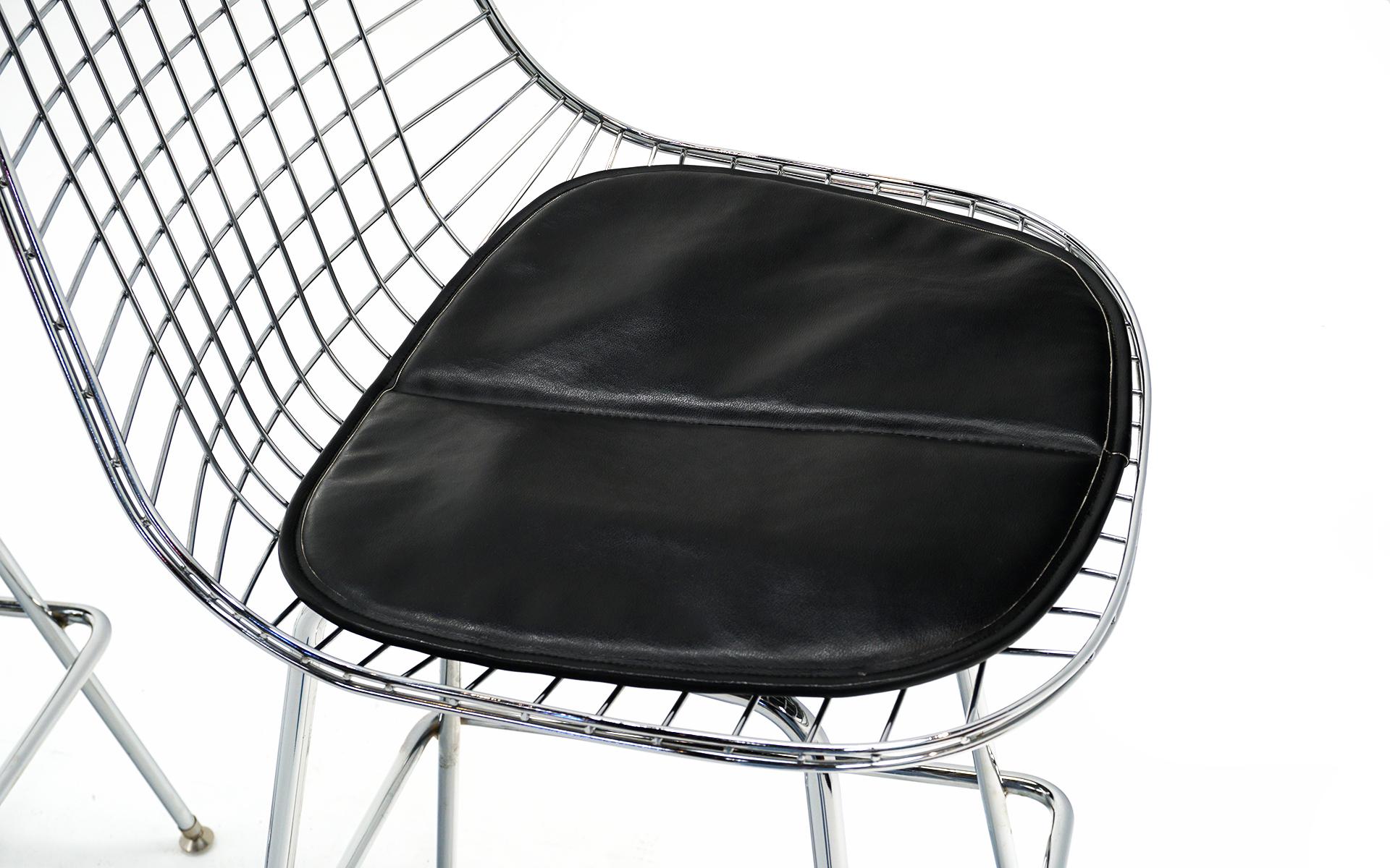 Pair of Wire Barstools by Charles and Ray Eames, Chrome with Black Leather Pads In Good Condition In Kansas City, MO