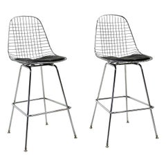 Pair of Wire Barstools by Charles and Ray Eames, Chrome with Black Leather Pads