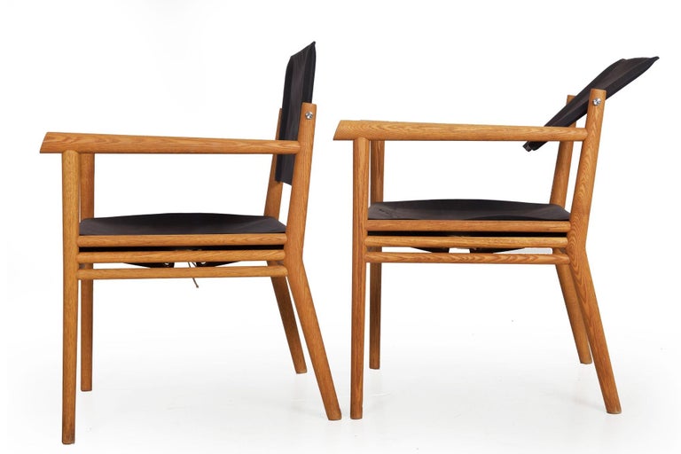 Pair of WireBrushed White Oak and Canvas Arm Chairs, 20th Century For