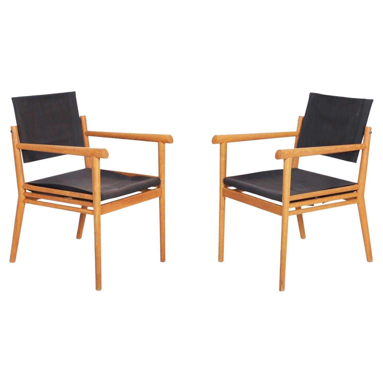 Pair of Wire-Brushed White Oak and Canvas Arm Chairs, 20th Century For Sale  at 1stDibs