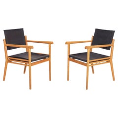 Pair of Wire-Brushed White Oak & Canvas Arm Chairs, 20th century