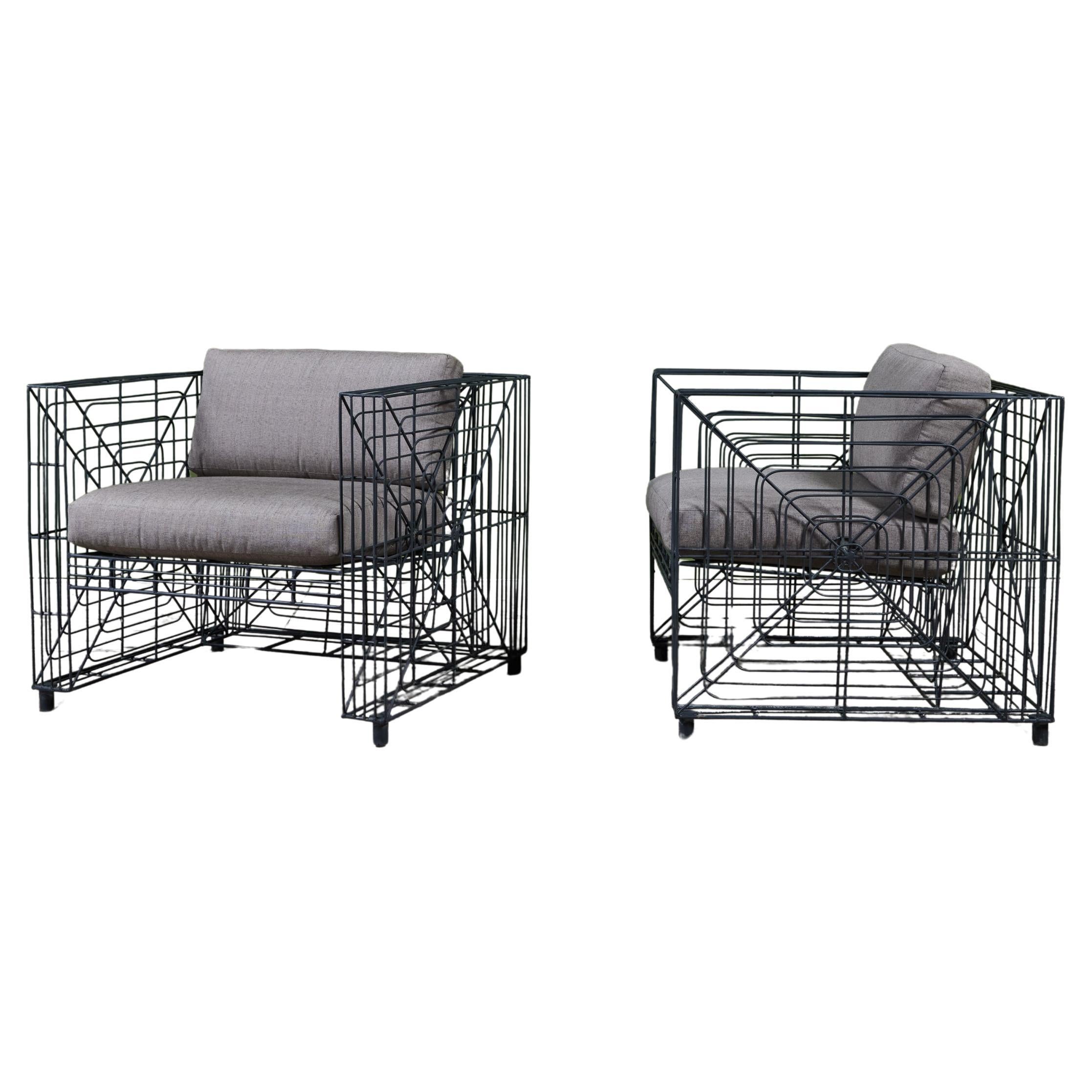 Pair of Wire Cube Patio Lounge Armchairs