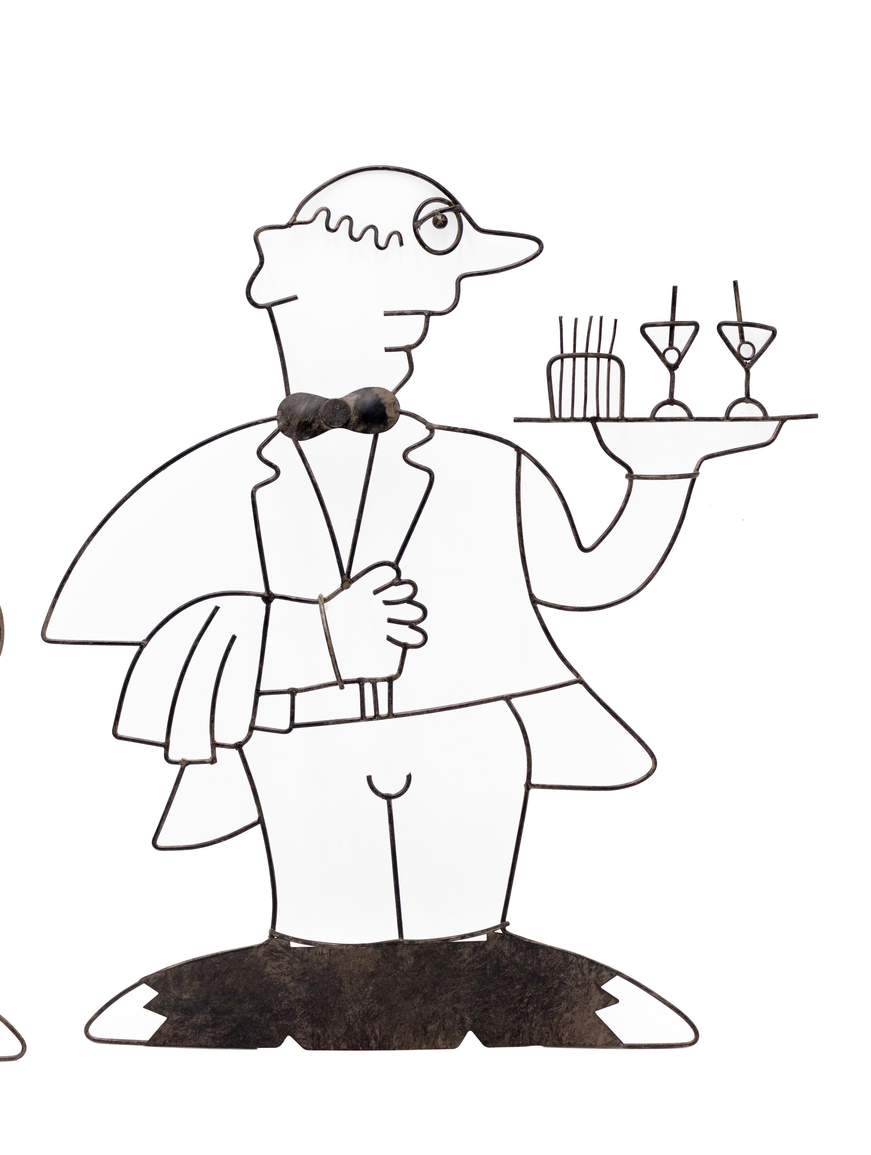 PAIR of Contemporary black bent wire sculptures depicting a waiter holding drinks and a waiter holding champagne. (in the style of JOHN RISLEY)
