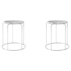 Pair of Wire Stool VP11, Mirror Polished Steel/Bianco Carrara, by Verner Panton