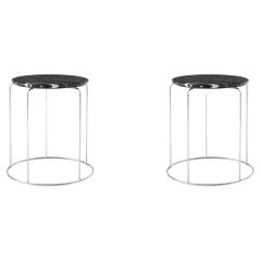 Pair of Wire Stools in Mirror Polished Steel/Nero Marquina Marble, Verner Panton