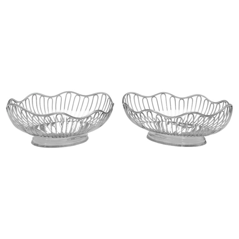 Pair of Wirework Antique English Silver Baskets, Bread Baskets