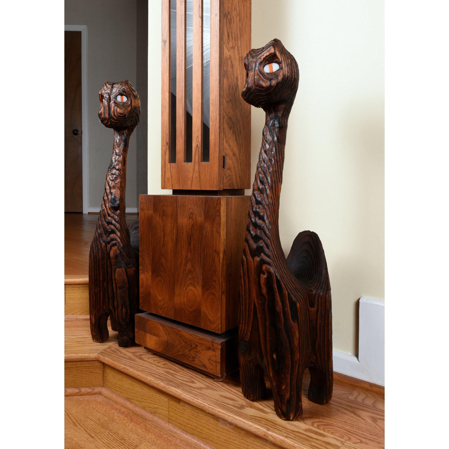 Pareja de Figuras Escultura Gato Cabeza de Carne de Madera de Cedro Tallada Witco Tiki en venta 2