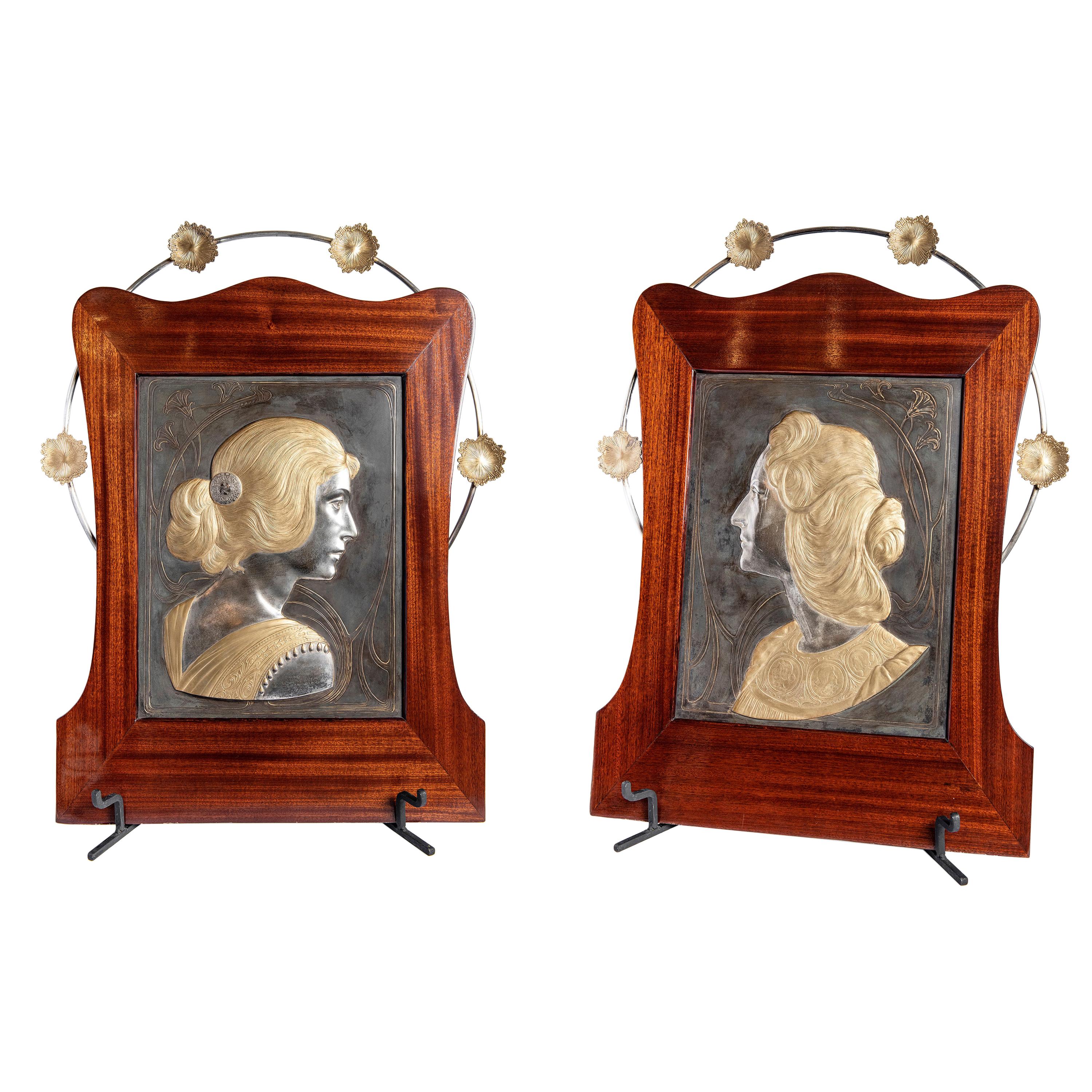 Pair of W.M.F. Plaques Signed Albert Mayer, Art Nouveau Period, Germany