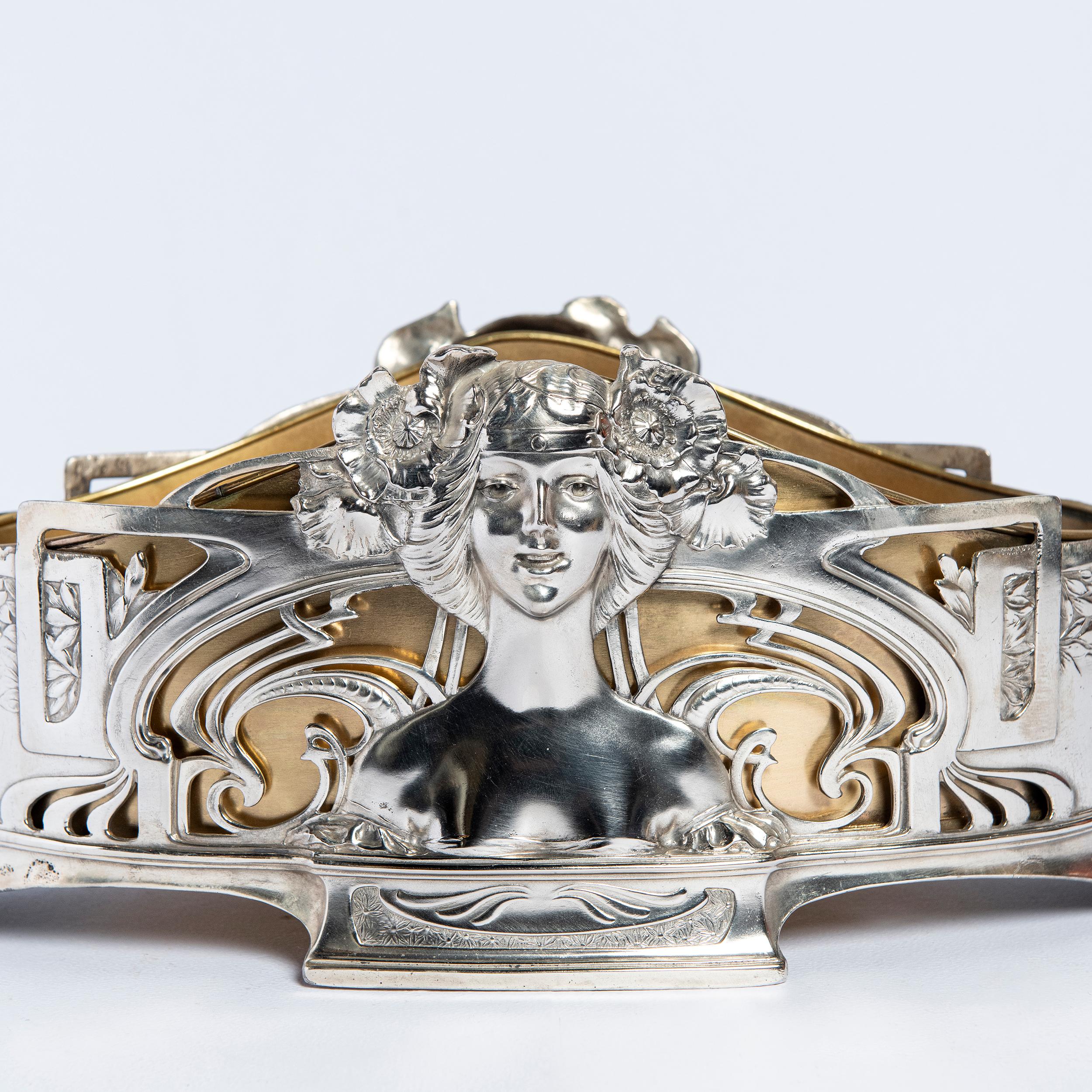 Pair of W.M.F. Silver plate and gilt bronze jardinière, Jugendstil period. Germany, circa 1900.