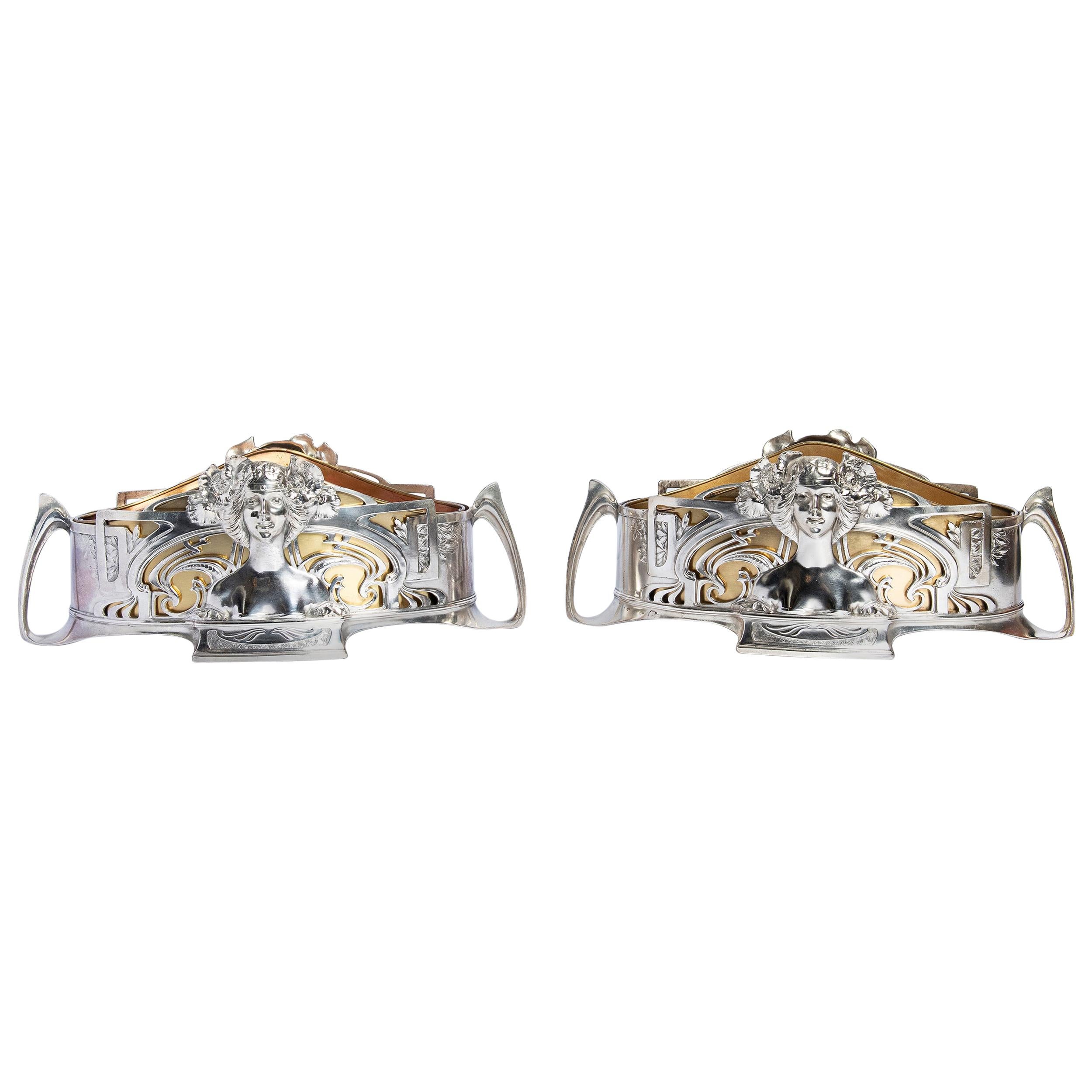 Pair of W.M.F. Silver Plate and Gilt Bronze Jardinière, Jugendstil Period For Sale