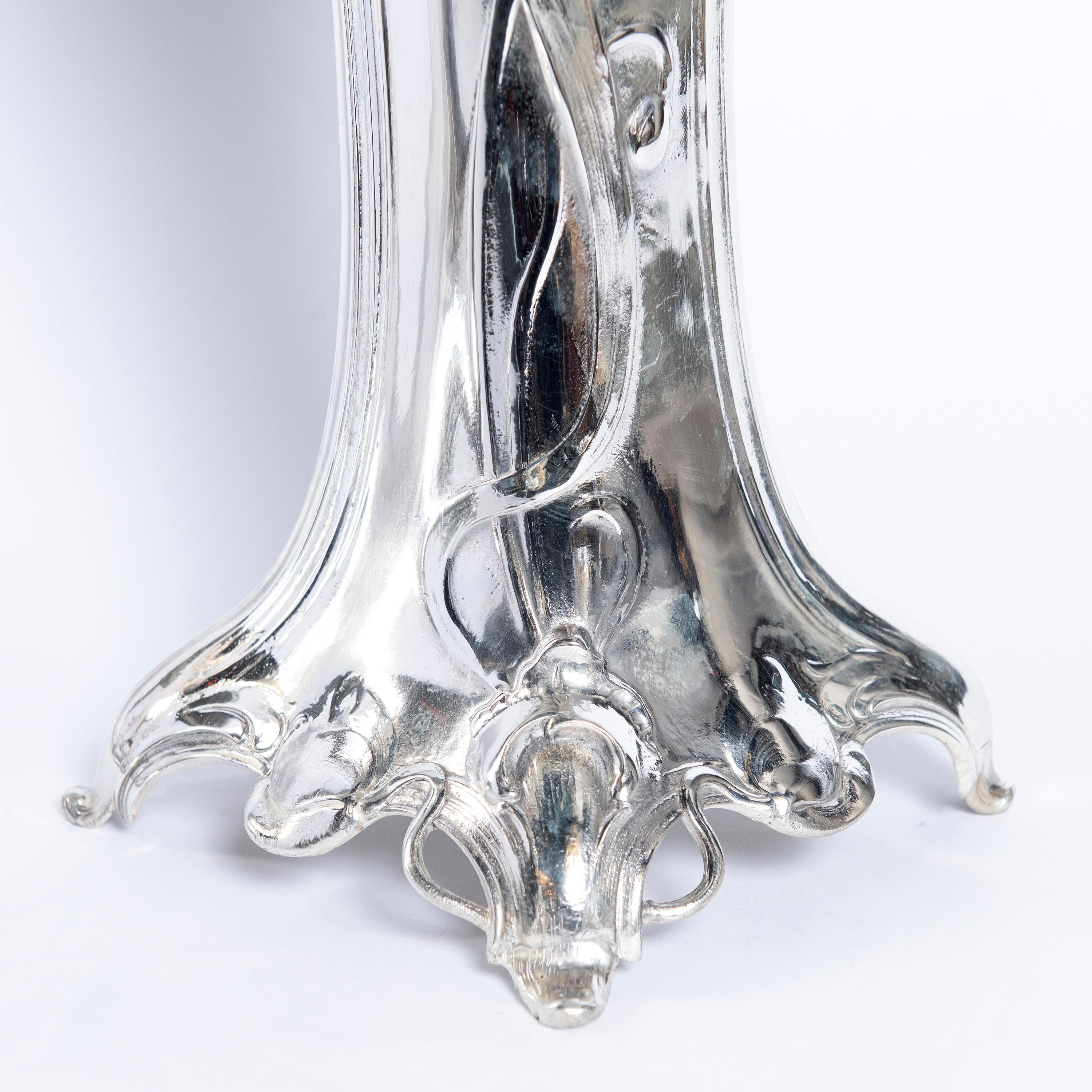 German Pair of W.M.F. Silver Plate Flower Vases with Glass, Jugendstil Period For Sale