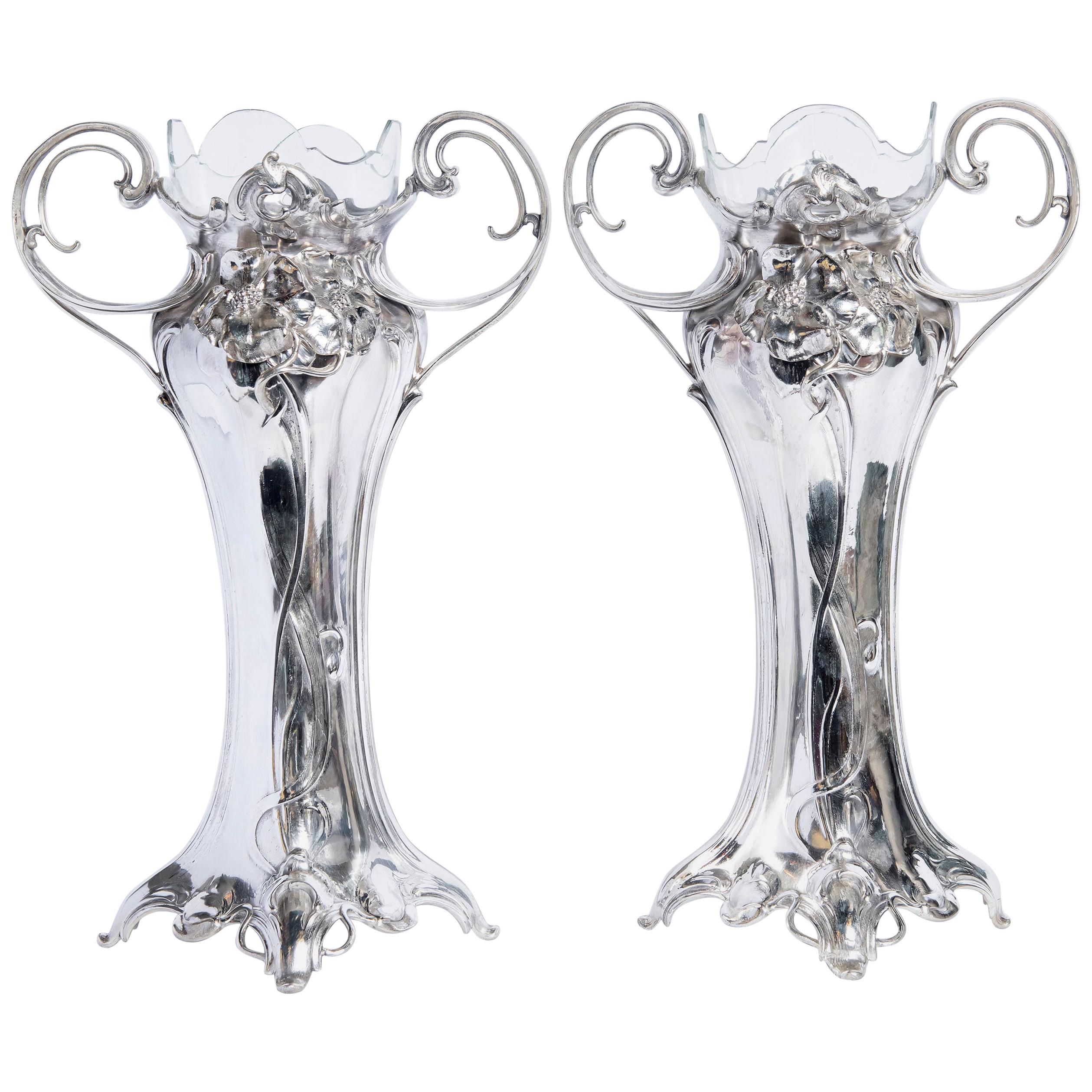 Pair of W.M.F. Silver Plate Flower Vases with Glass, Jugendstil Period