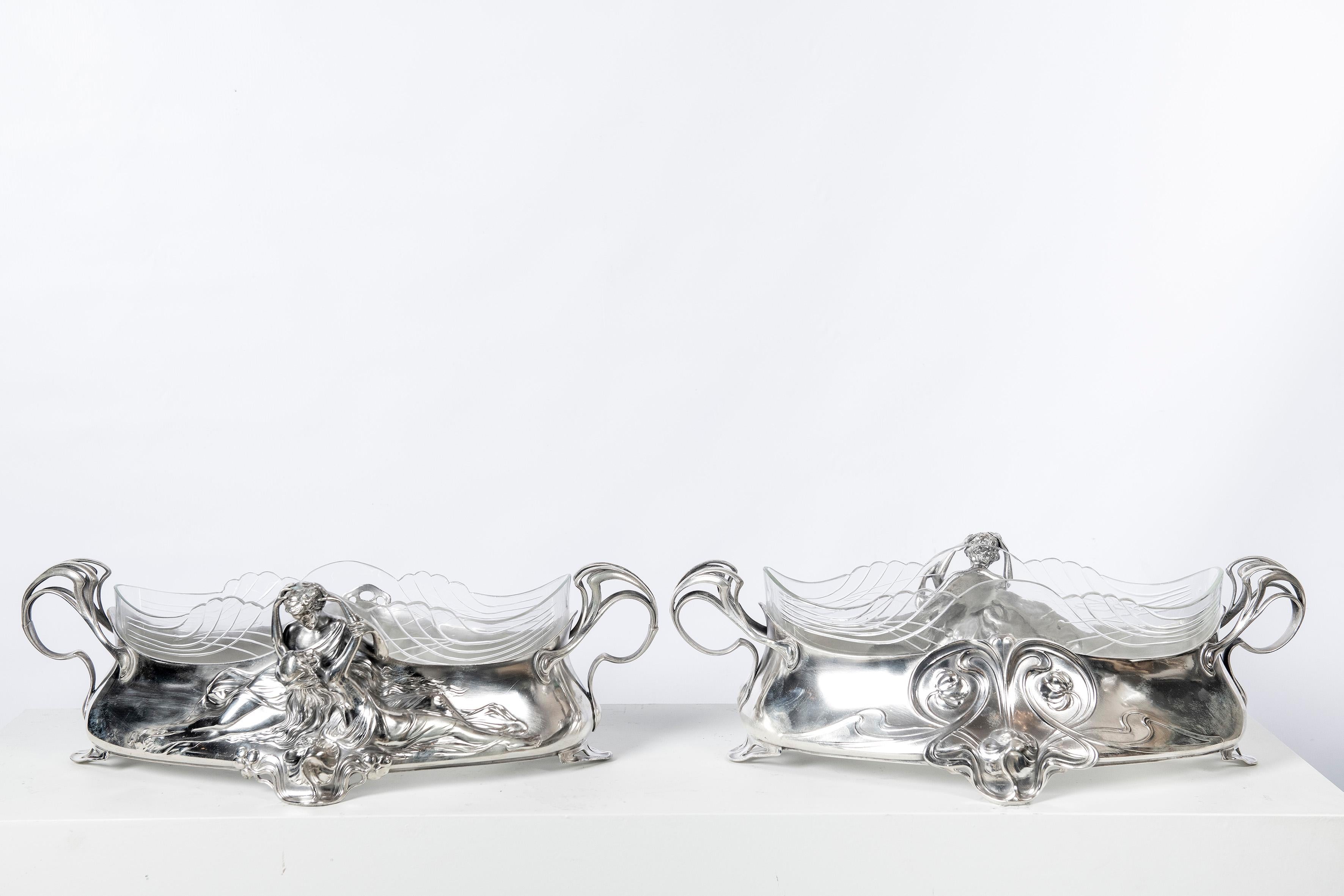 Pair of W.M.F. silver plate jardinière with glass. Jugendstil style. Germany, circa 1900.