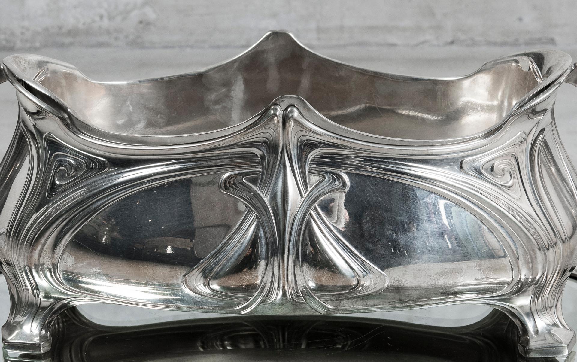 German Pair of W.M.F. Silver Plate Jardiniere with Mirror Plateau, Jugendstil Style For Sale