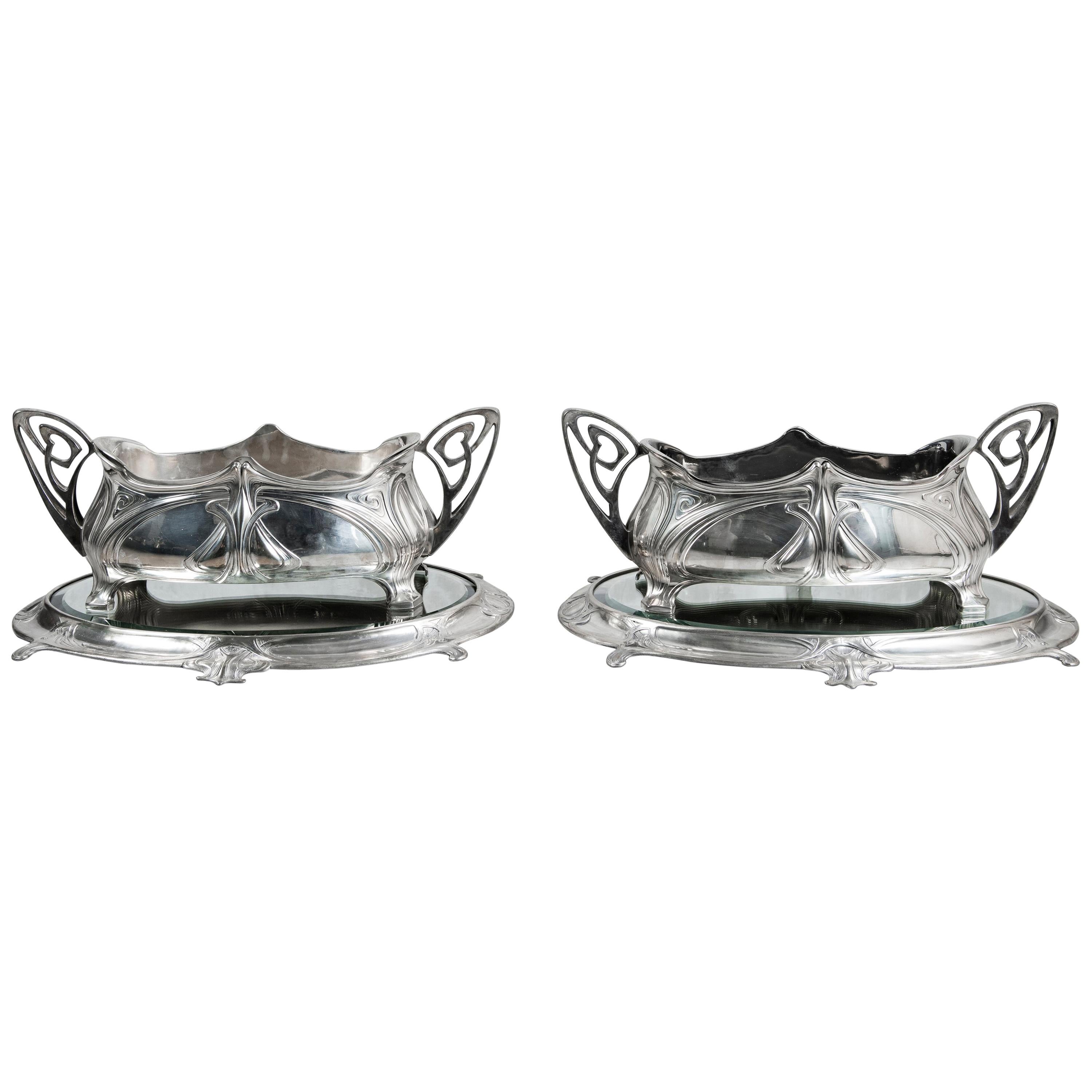 Pair of W.M.F. Silver Plate Jardiniere with Mirror Plateau, Jugendstil Style