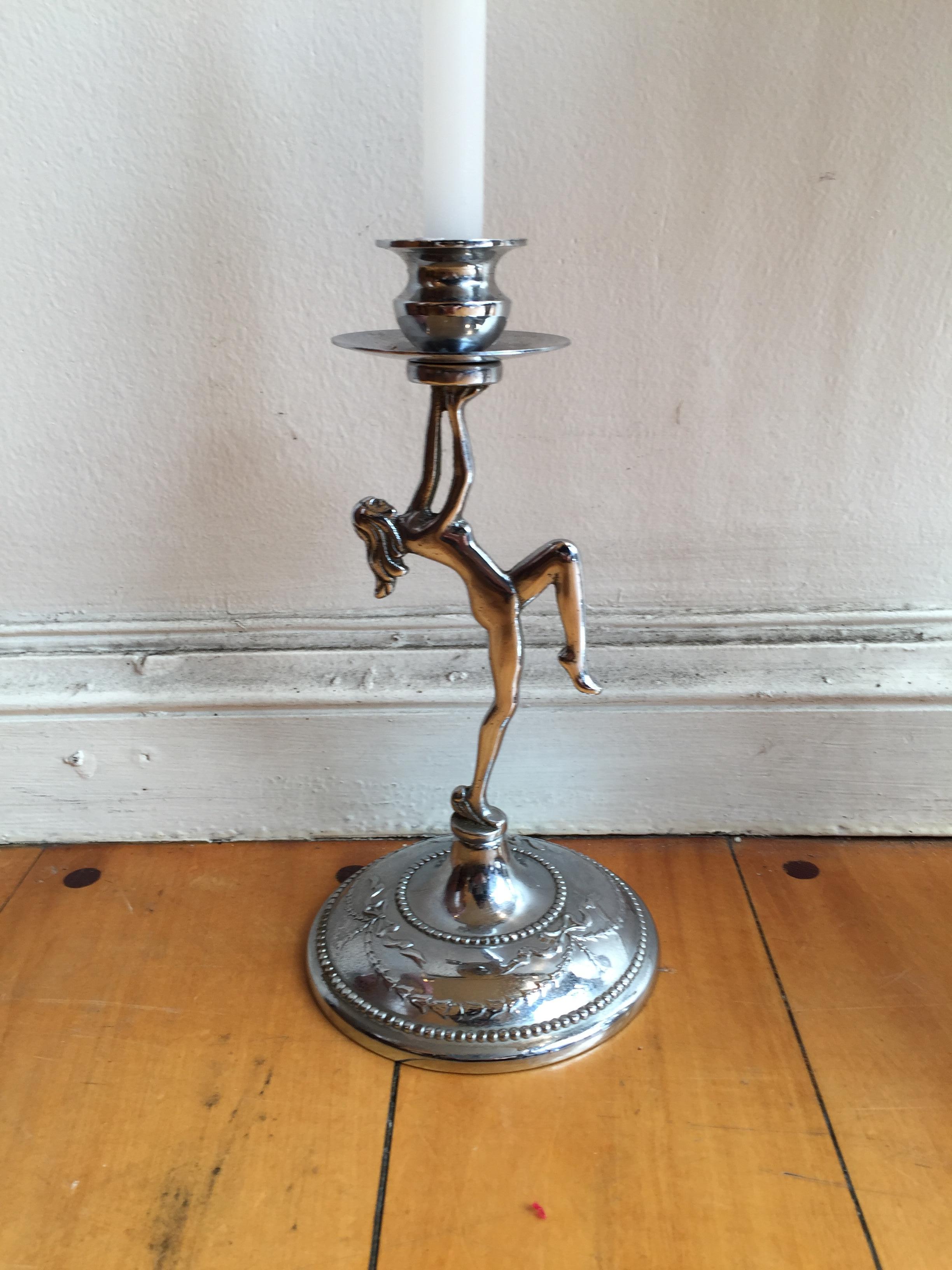Mid-20th Century Pair of Women Candelabras, Sign, Made in England, Art Deco For Sale