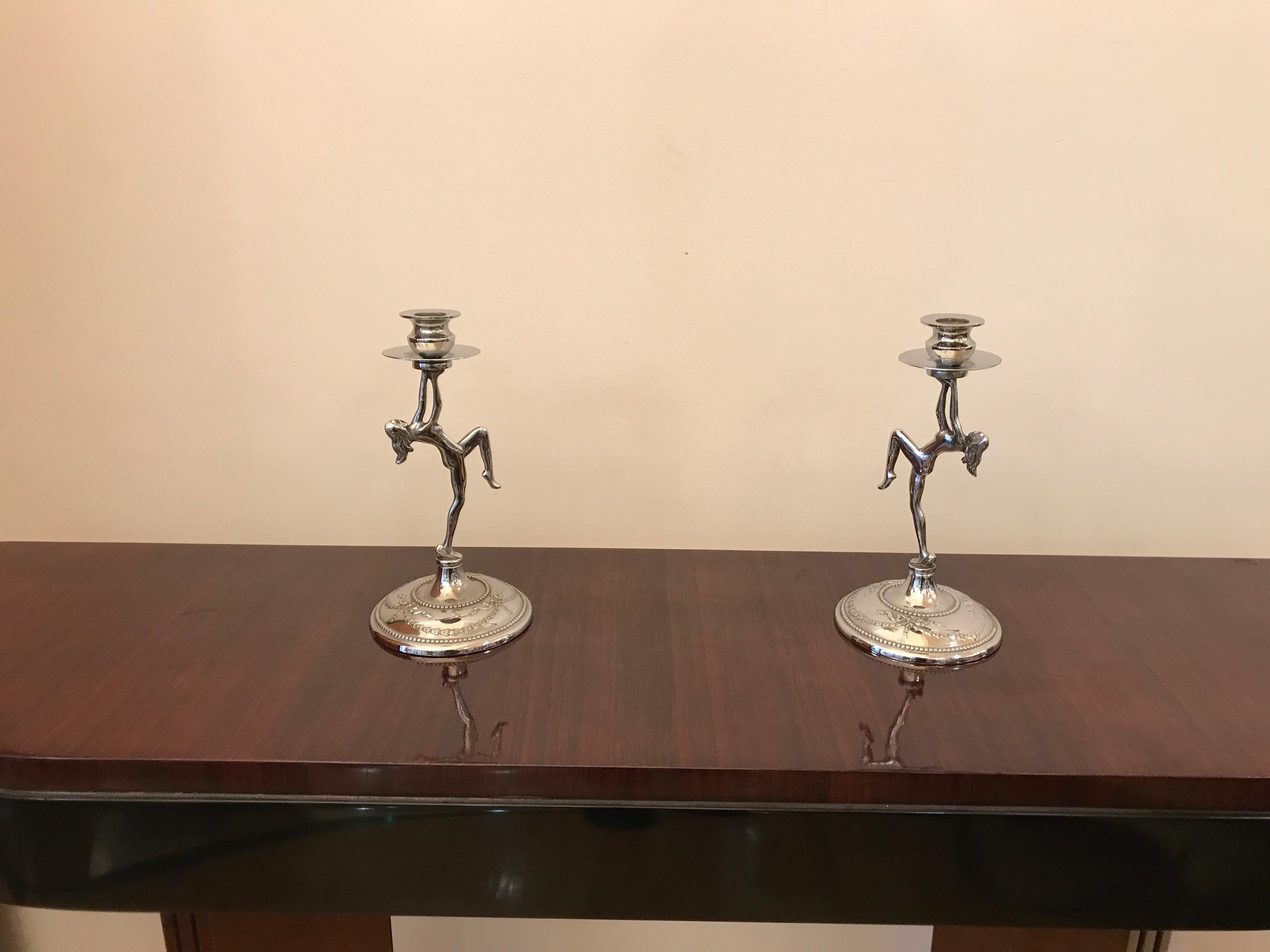 Pair of Women Candelabras, Sign, Made in England, Art Deco For Sale 4