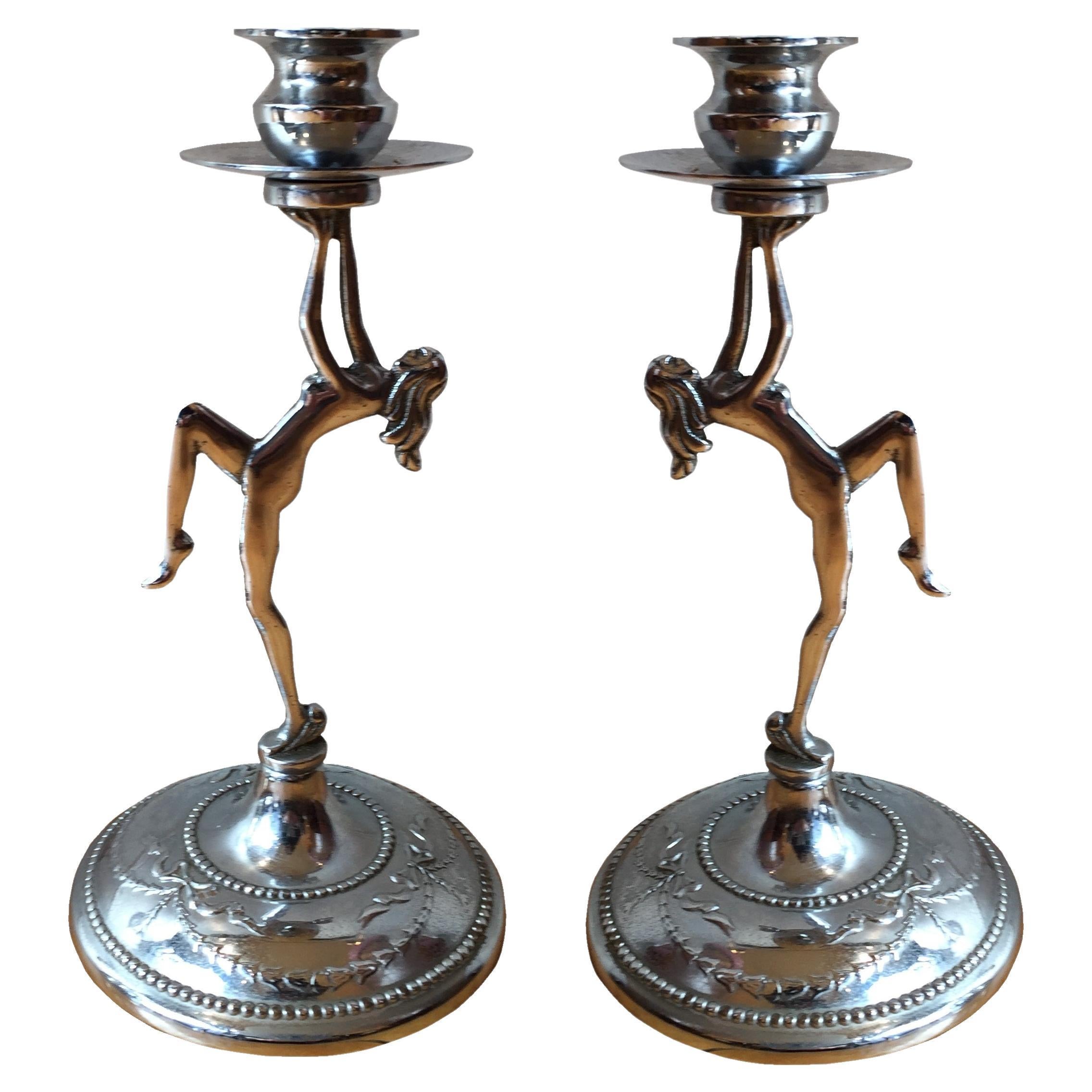 Pair of Women Candelabras, Sign, Made in England, Art Deco For Sale