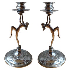 Used Pair of Women Candelabras, Sign, Made in England, Art Deco