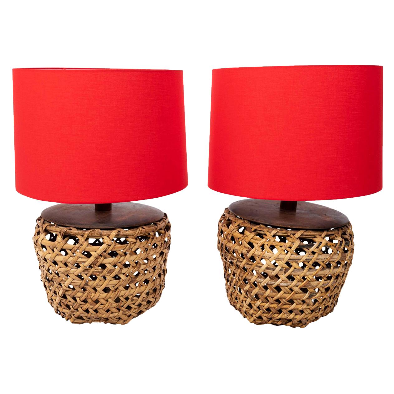 Pair of Women Rattan Table Lamps