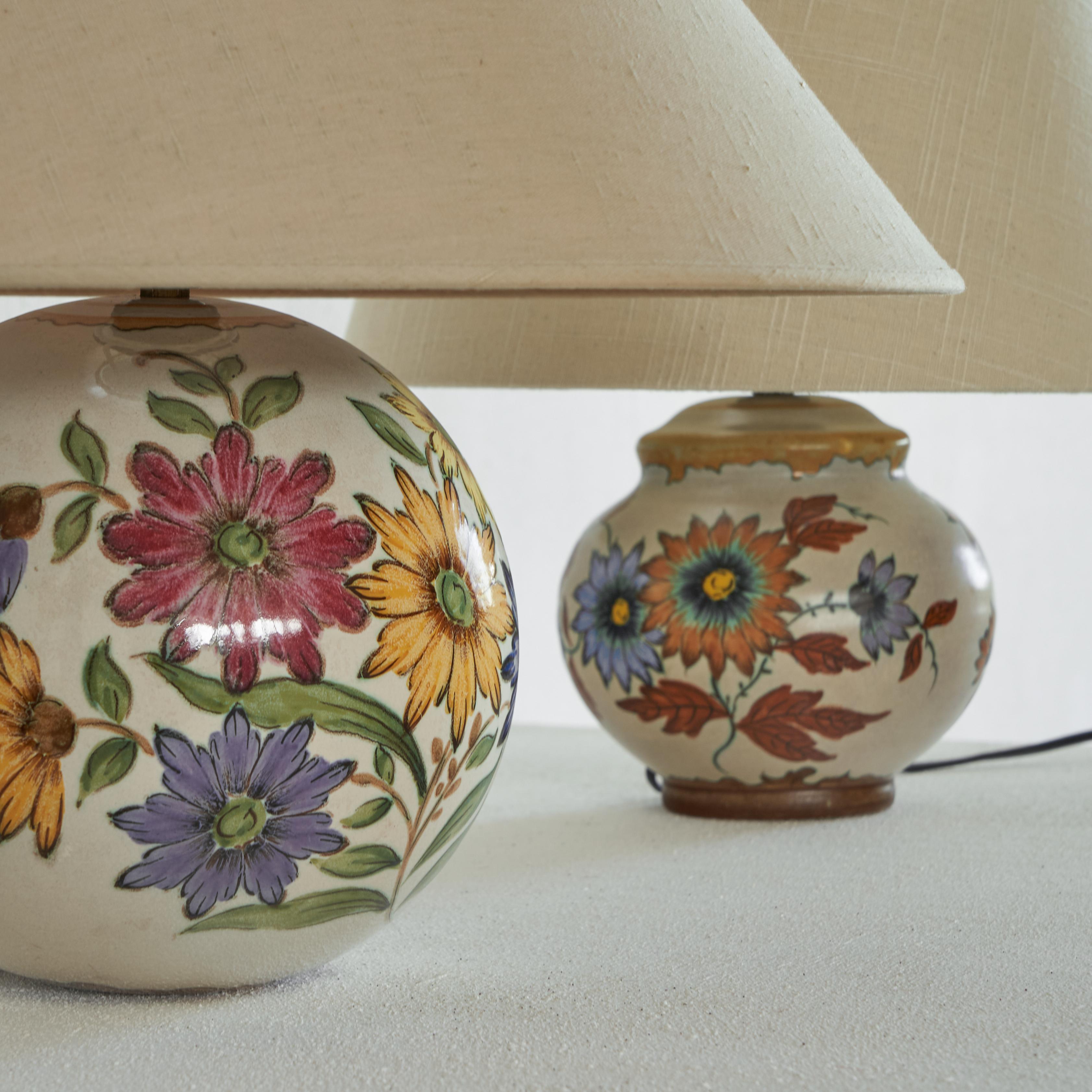 Mid-Century Modern Pair of Wonderful Dutch Ceramic Table Lamps with Floral Decor 1930s