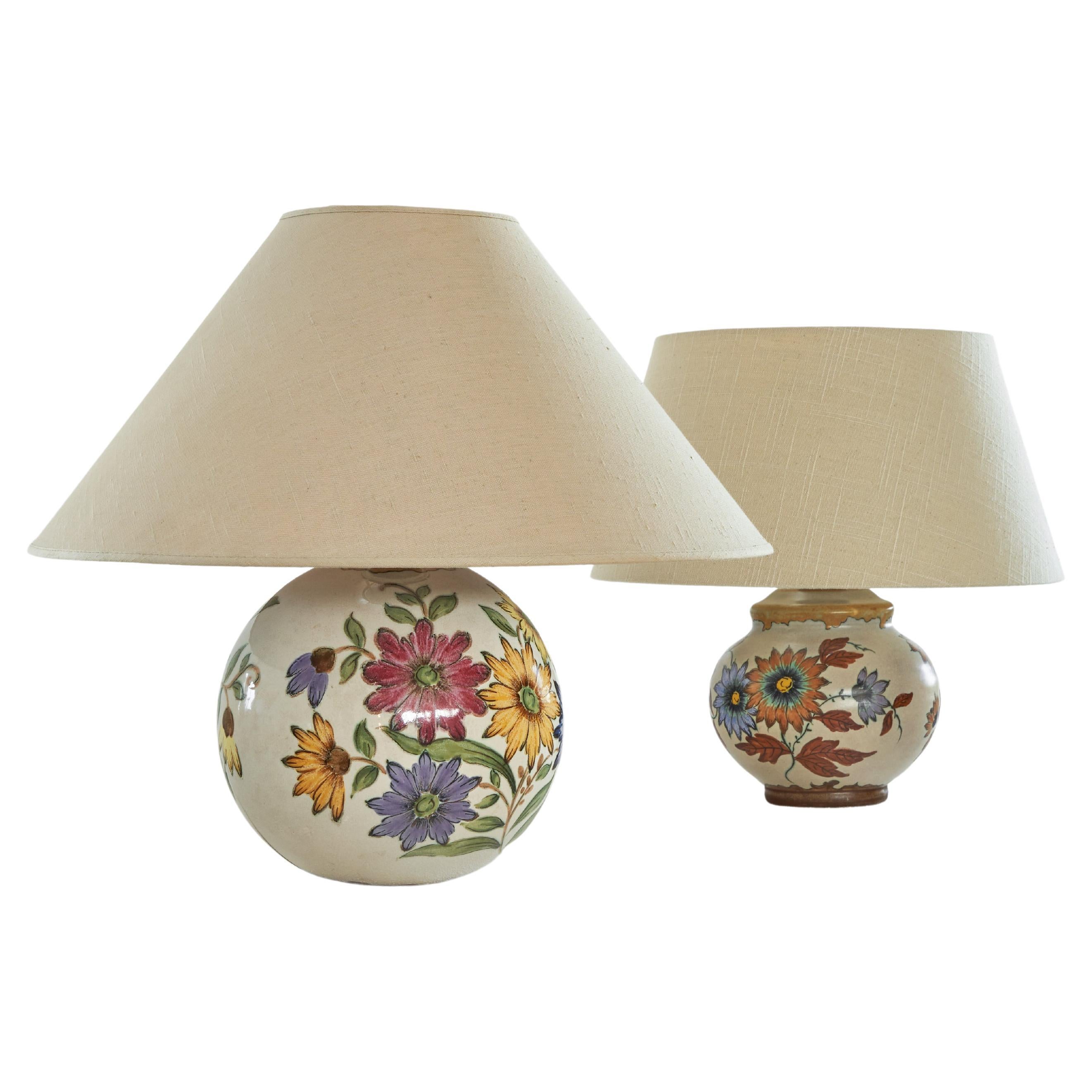 Pair of Wonderful Dutch Ceramic Table Lamps with Floral Decor 1930s