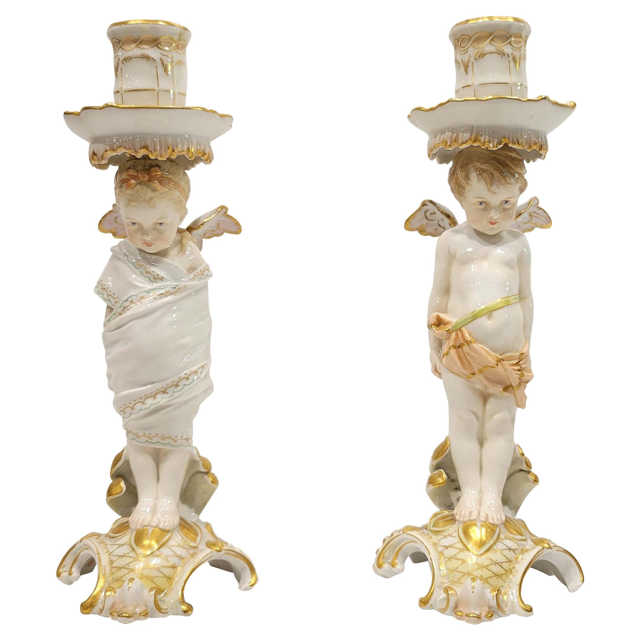 Pair of Wonderful KPM Berlin Porcelain Cherub Candlesticks