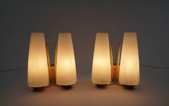 Pair of Wonderful Mid-Century Modern Double Wall Lamps in Brass and Opal Glass