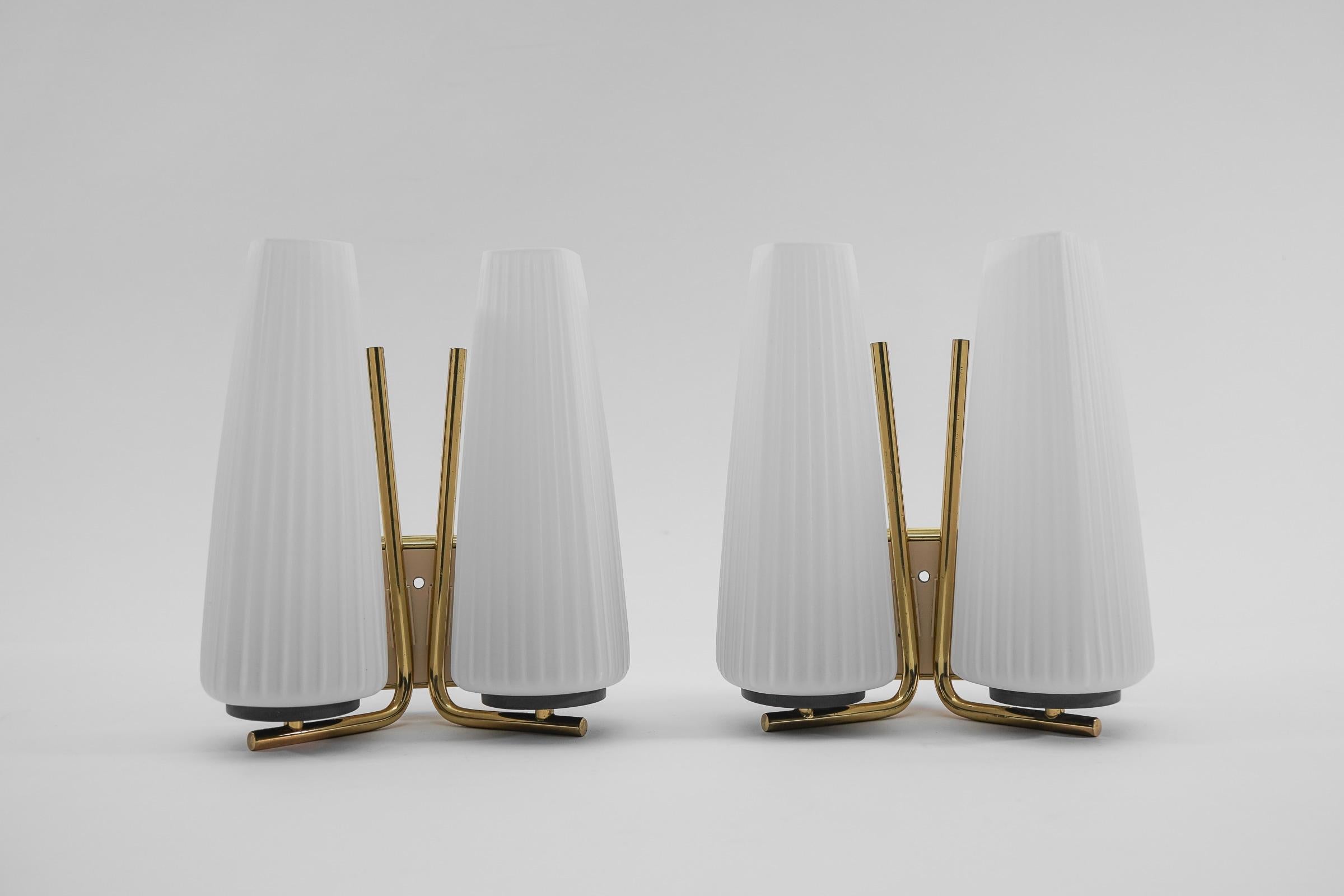 Pair of Wonderful Mid-Century Modern Double Wall Lamps in Brass and Opal Glass For Sale 1
