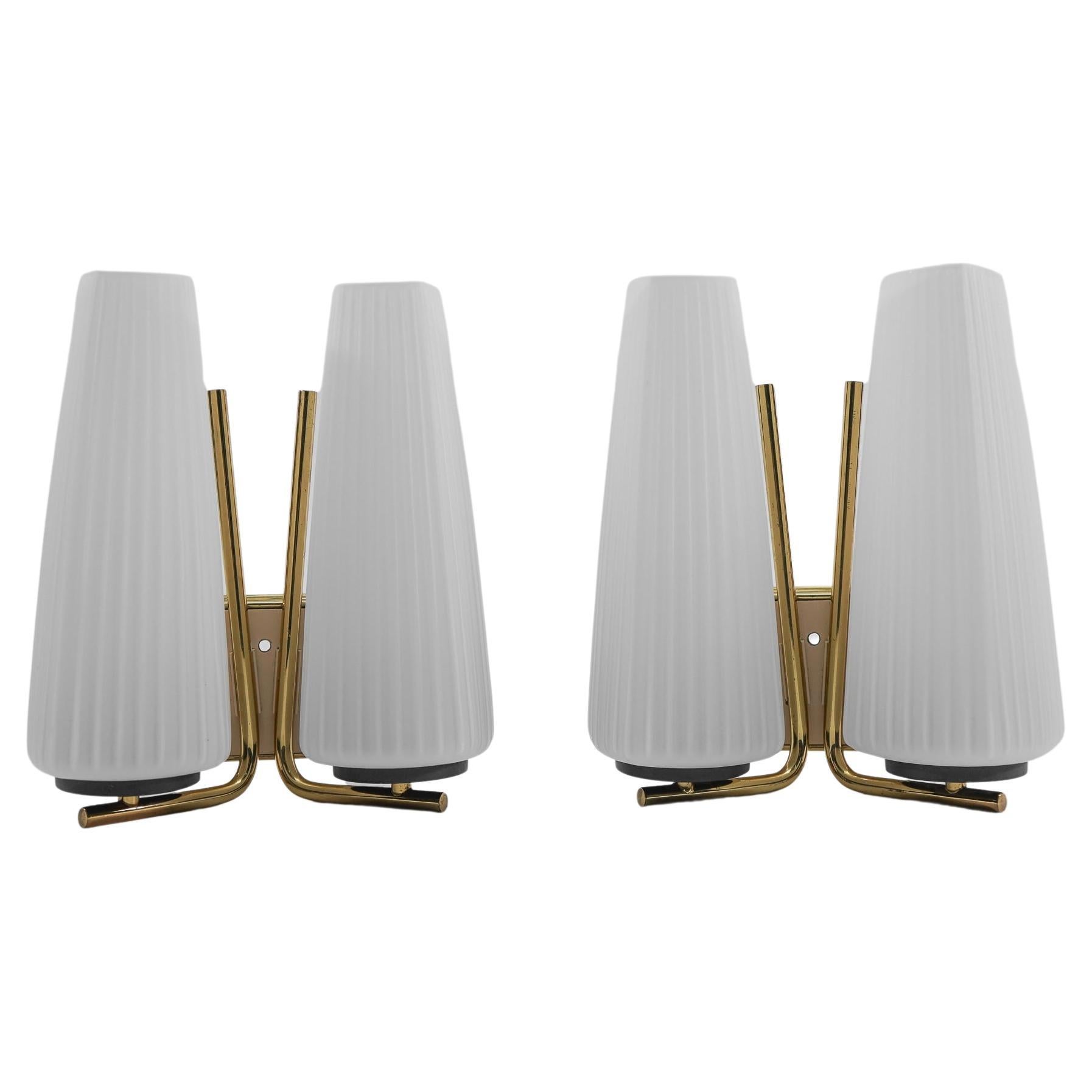 Pair of Wonderful Mid-Century Modern Double Wall Lamps in Brass and Opal Glass For Sale