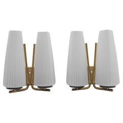 Pair of Wonderful Mid-Century Modern Double Wall Lamps in Brass and Opal Glass