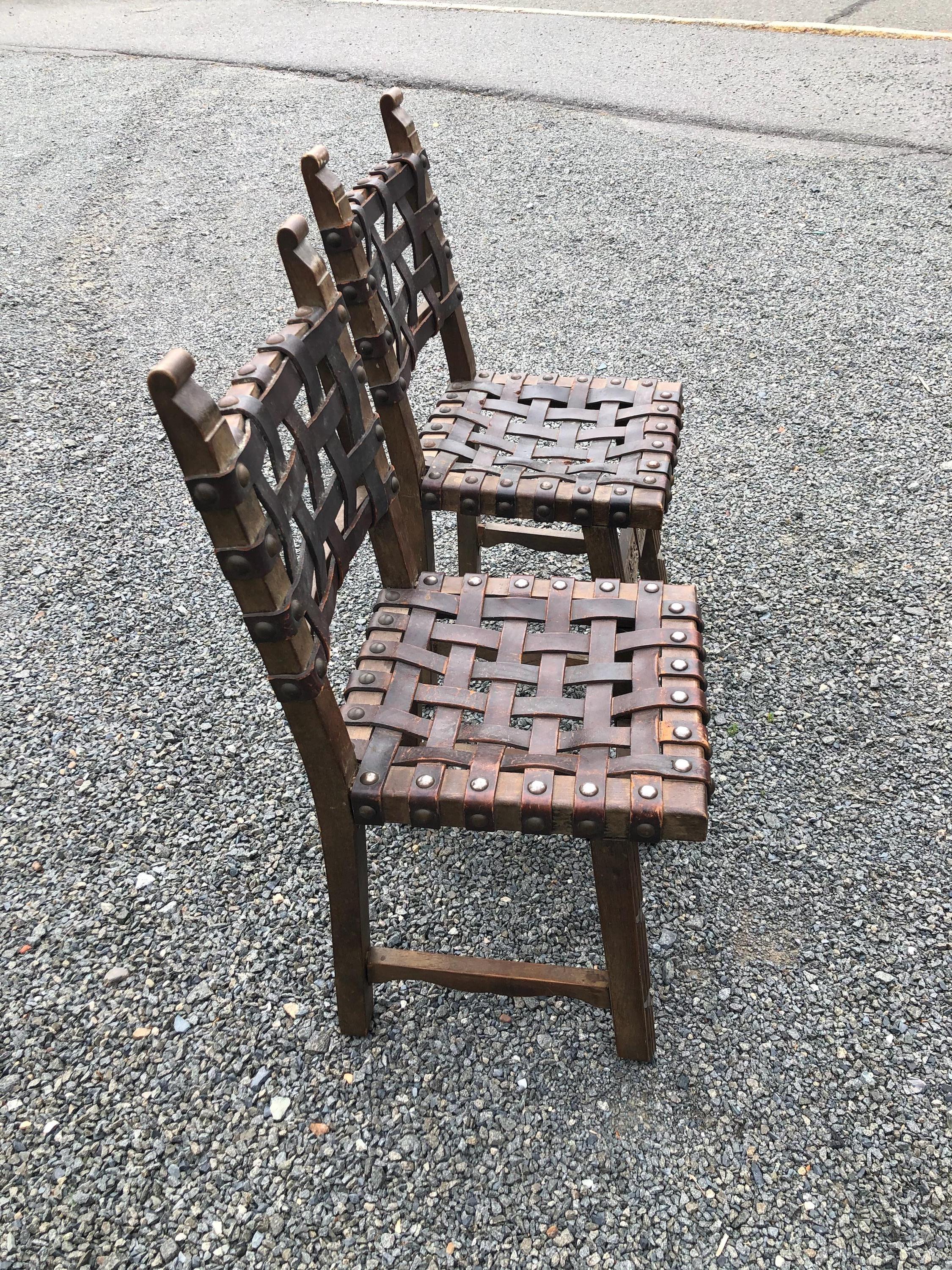 Spanish Colonial Pair of Wonderful Spanish Heavy Strap Leather and Nailhead Side Dining Chairs