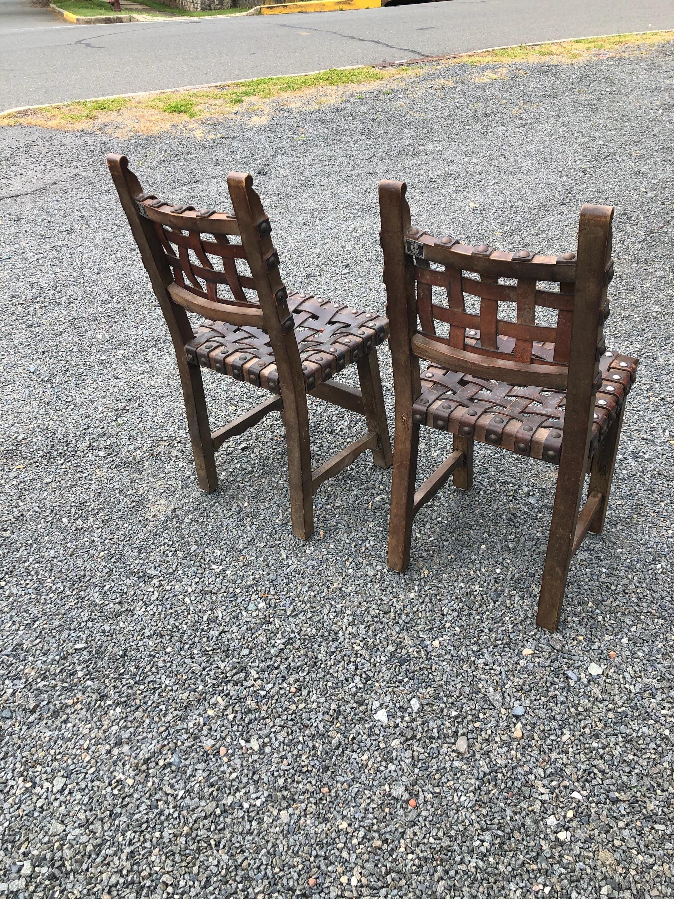 Pair of Wonderful Spanish Heavy Strap Leather and Nailhead Side Dining Chairs In Distressed Condition In Hopewell, NJ