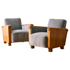Pair of Wood and Blue Mohair Lounge Chairs