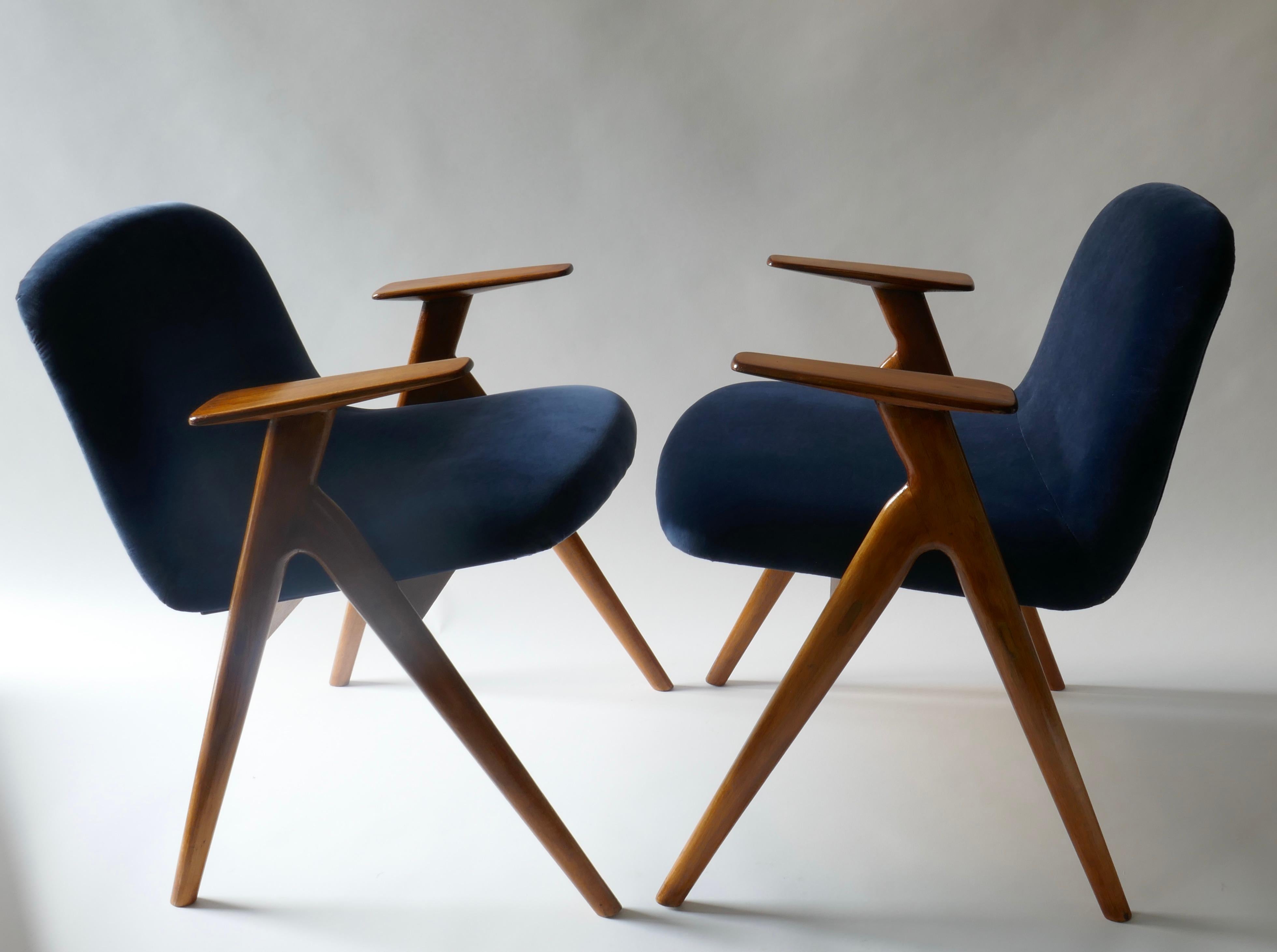 Walnut Pair of  Wood and Blue Velvet Armchairs, Italy, 1960s